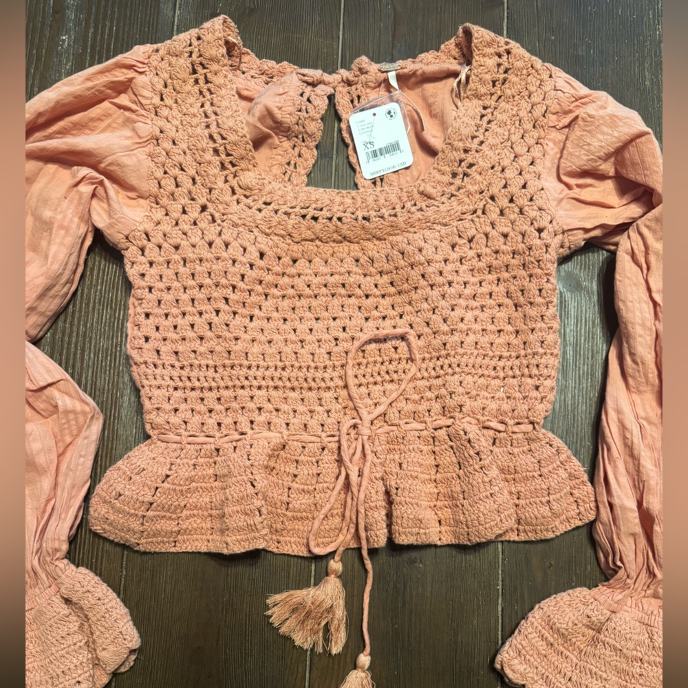 New Free People Women's Megan Crochet Top, Coral Sand, Pink, XS